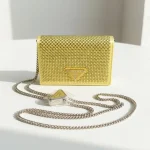 Prada, Satin Crystal Cardholder with shoulder Strap, , Yellow, New