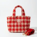 Miu Miu, Terry Cloth Houndstooth Tote, , Red, Very Very Like New