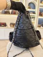 Chanel, Black Lambskin Quilted Double Pockets Drawstring Backpack, Small, Black, Very Very  Good - Image 6