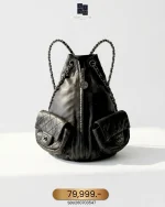 Chanel, Black Lambskin Quilted Double Pockets Drawstring Backpack, Small, Black, Very Very  Good