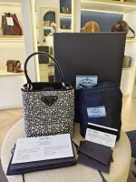 Prada, Panier Bucket Bag with Crystals, Small, Black, Like New - Image 2
