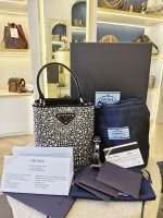 Prada, Panier Bucket Bag with Crystals, Small, Black, Like New - Image 4